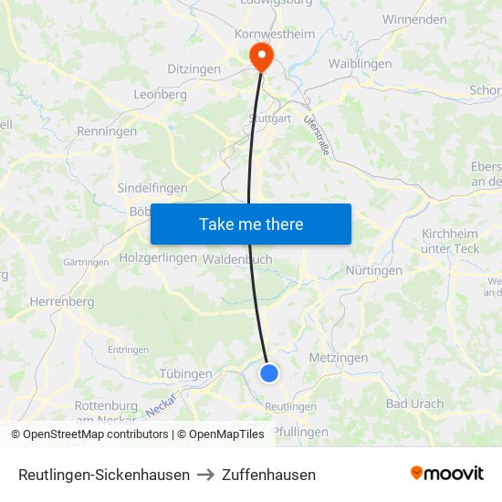Reutlingen-Sickenhausen to Zuffenhausen map