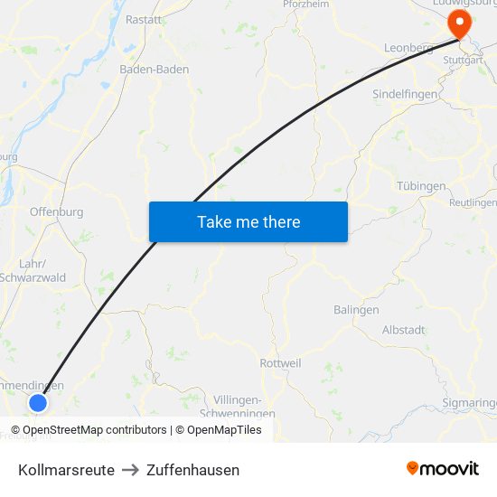 Kollmarsreute to Zuffenhausen map