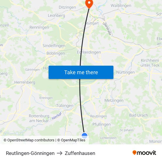 Reutlingen-Gönningen to Zuffenhausen map