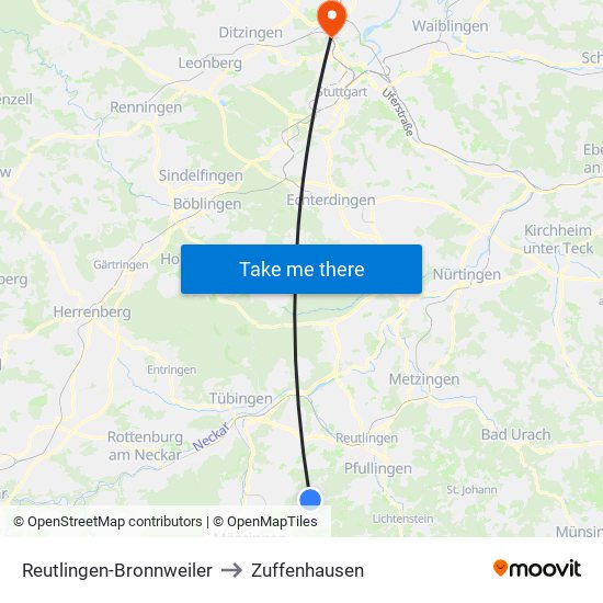 Reutlingen-Bronnweiler to Zuffenhausen map