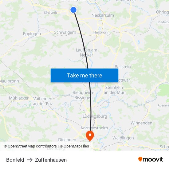 Bonfeld to Zuffenhausen map