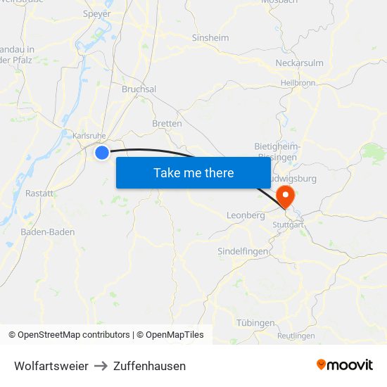 Wolfartsweier to Zuffenhausen map