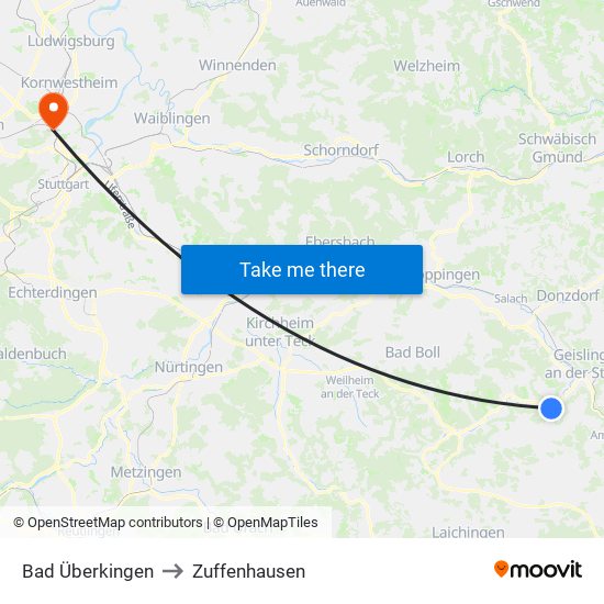 Bad Überkingen to Zuffenhausen map