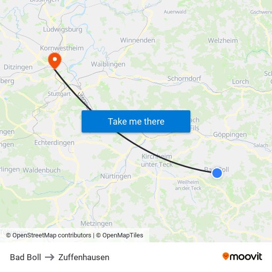 Bad Boll to Zuffenhausen map