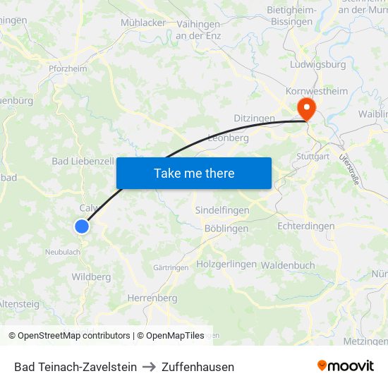 Bad Teinach-Zavelstein to Zuffenhausen map