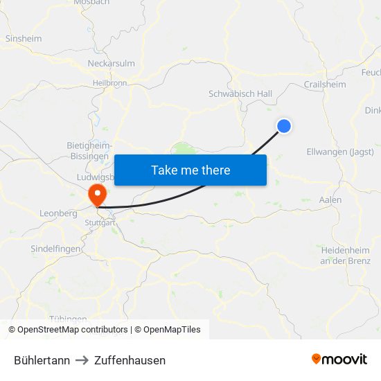 Bühlertann to Zuffenhausen map