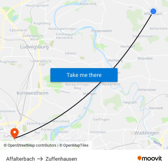 Affalterbach to Zuffenhausen map