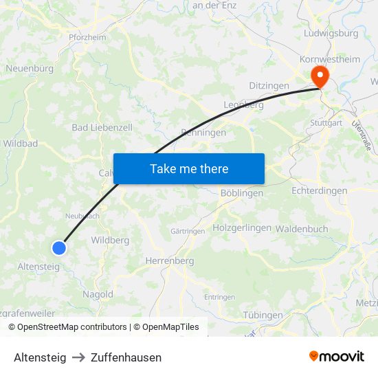 Altensteig to Zuffenhausen map