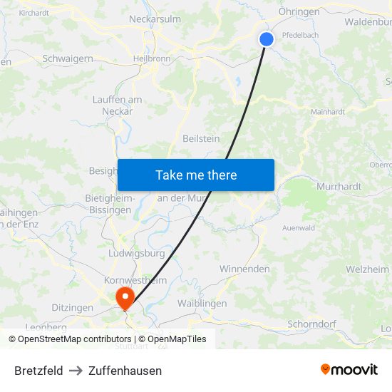Bretzfeld to Zuffenhausen map