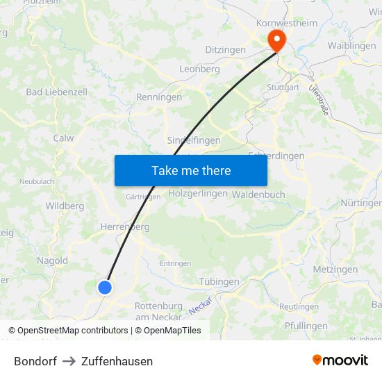 Bondorf to Zuffenhausen map