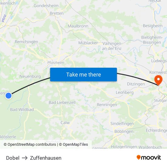 Dobel to Zuffenhausen map
