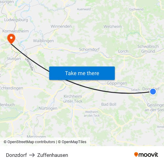 Donzdorf to Zuffenhausen map