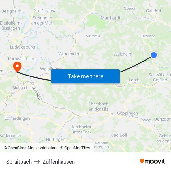 Spraitbach to Zuffenhausen map
