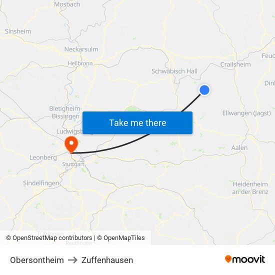 Obersontheim to Zuffenhausen map