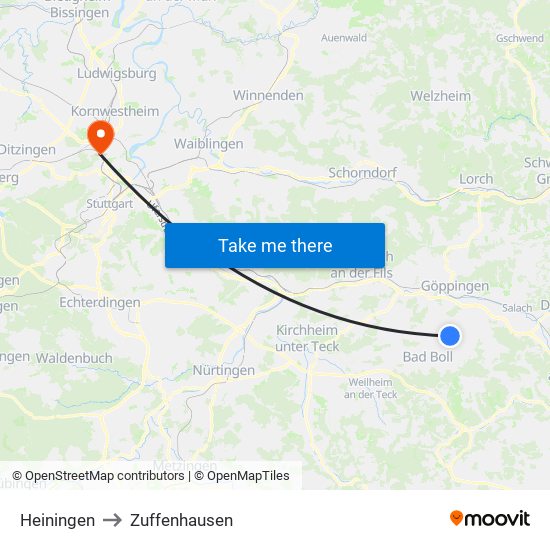 Heiningen to Zuffenhausen map