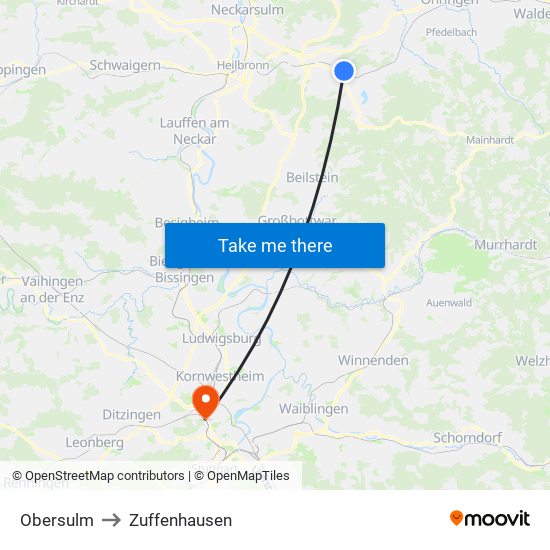 Obersulm to Zuffenhausen map