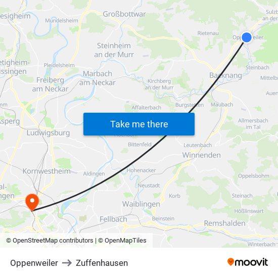 Oppenweiler to Zuffenhausen map