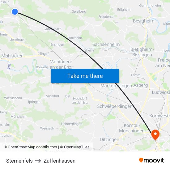 Sternenfels to Zuffenhausen map