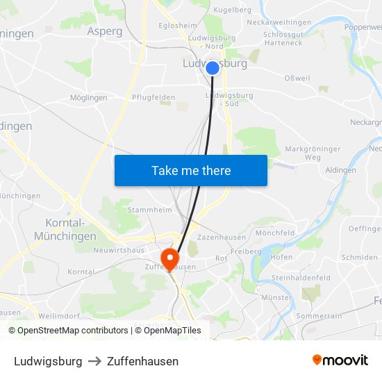Ludwigsburg to Zuffenhausen map