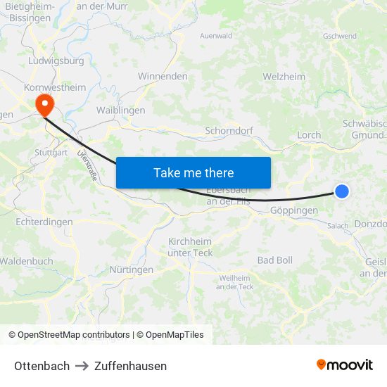 Ottenbach to Zuffenhausen map
