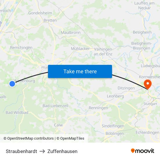 Straubenhardt to Zuffenhausen map