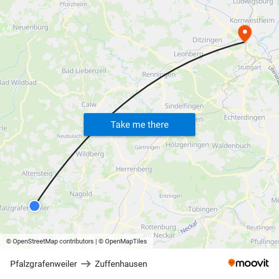 Pfalzgrafenweiler to Zuffenhausen map