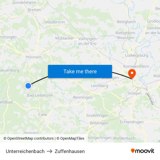 Unterreichenbach to Zuffenhausen map