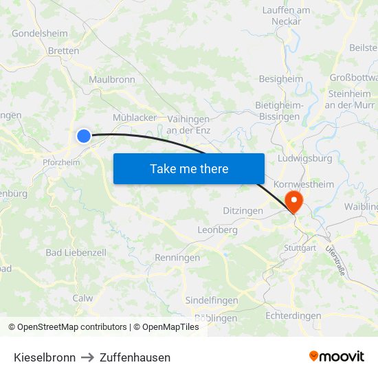 Kieselbronn to Zuffenhausen map