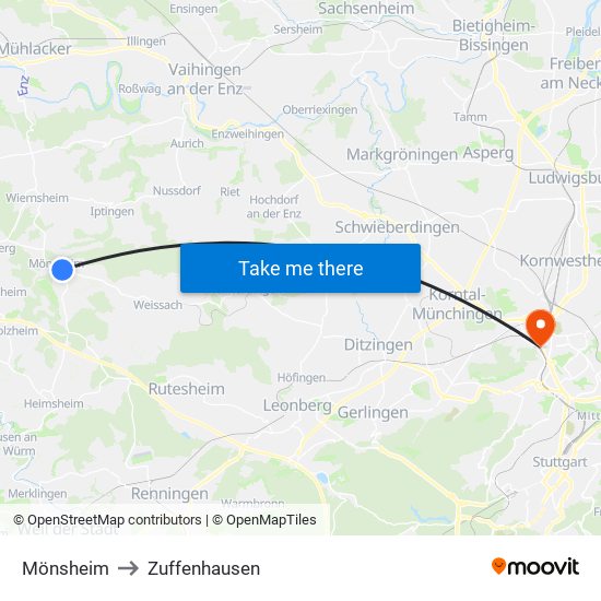 Mönsheim to Zuffenhausen map