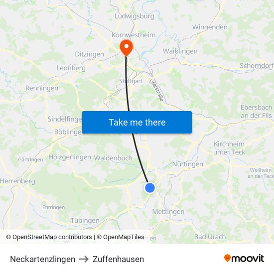 Neckartenzlingen to Zuffenhausen map