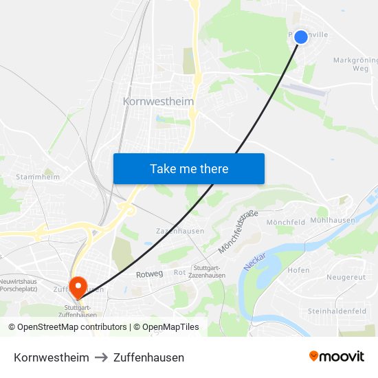 Kornwestheim to Zuffenhausen map
