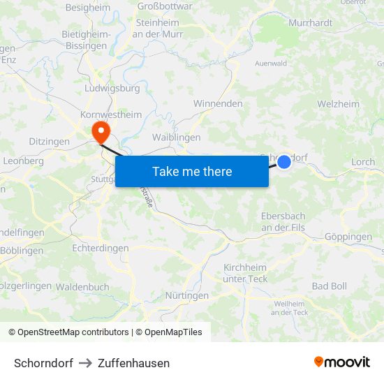 Schorndorf to Zuffenhausen map