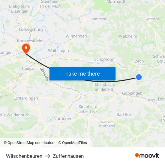 Wäschenbeuren to Zuffenhausen map
