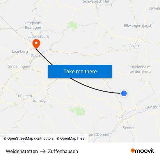 Weidenstetten to Zuffenhausen map
