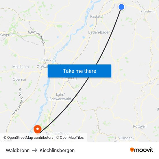 Waldbronn to Kiechlinsbergen map