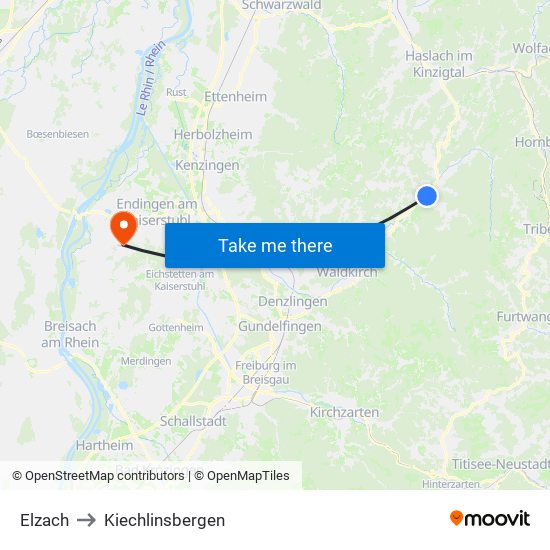 Elzach to Kiechlinsbergen map