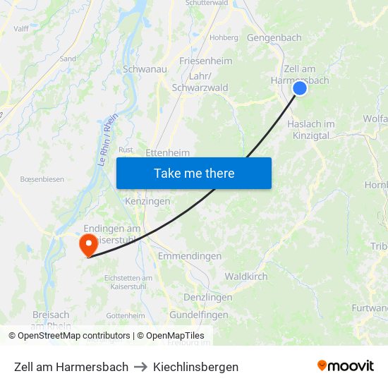 Zell am Harmersbach to Kiechlinsbergen map