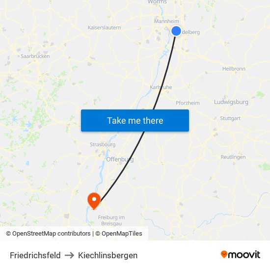 Friedrichsfeld to Kiechlinsbergen map