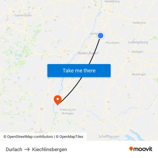 Durlach to Kiechlinsbergen map