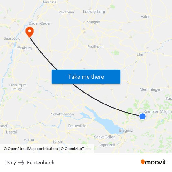 Isny to Fautenbach map