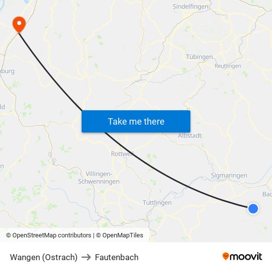 Wangen (Ostrach) to Fautenbach map