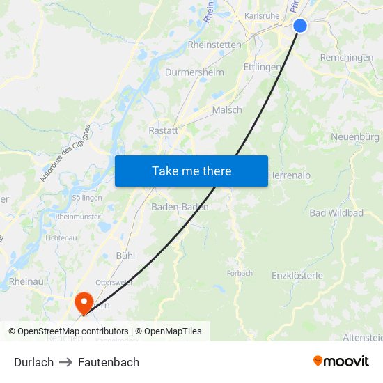 Durlach to Fautenbach map