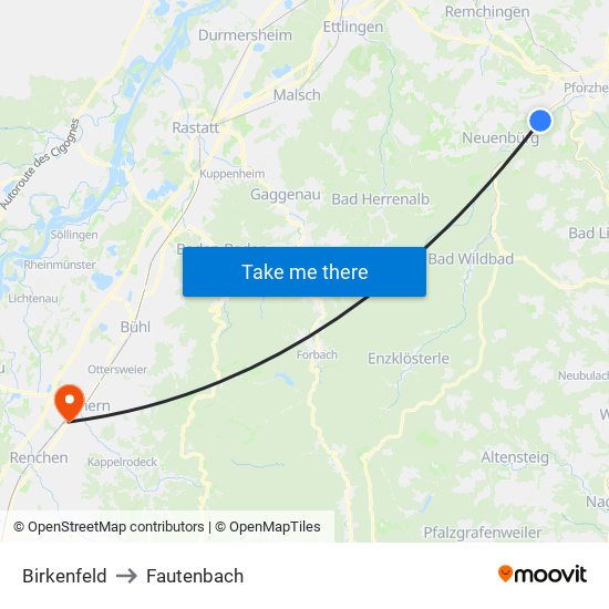 Birkenfeld to Fautenbach map