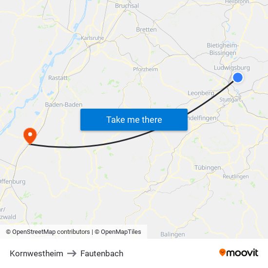 Kornwestheim to Fautenbach map