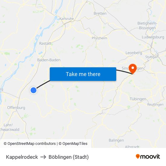 Kappelrodeck to Böblingen (Stadt) map