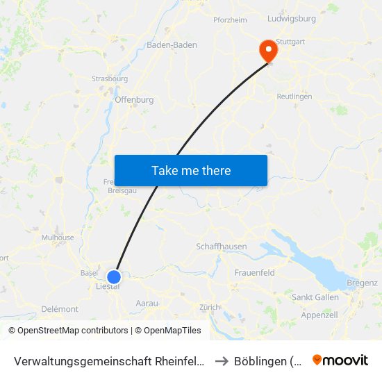 Verwaltungsgemeinschaft Rheinfelden (Baden) to Böblingen (Stadt) map