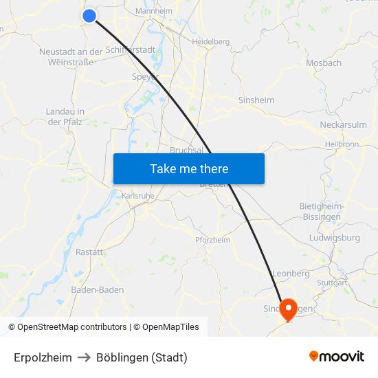 Erpolzheim to Böblingen (Stadt) map