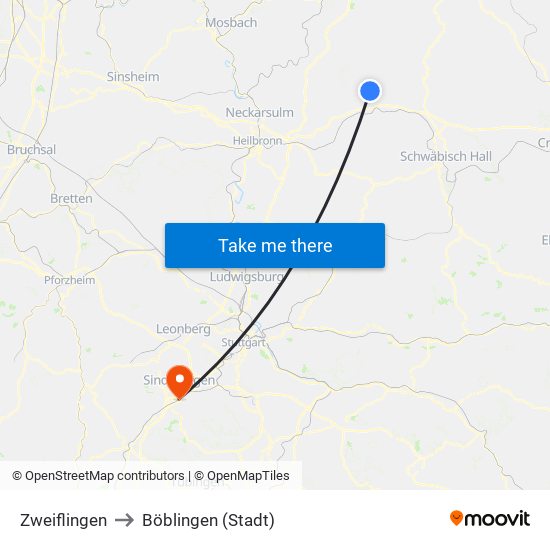 Zweiflingen to Böblingen (Stadt) map