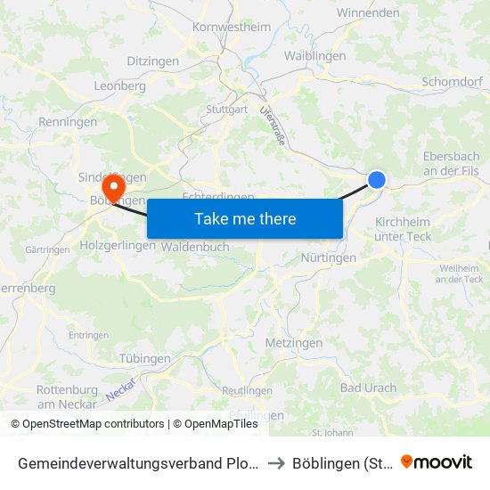 Gemeindeverwaltungsverband Plochingen to Böblingen (Stadt) map