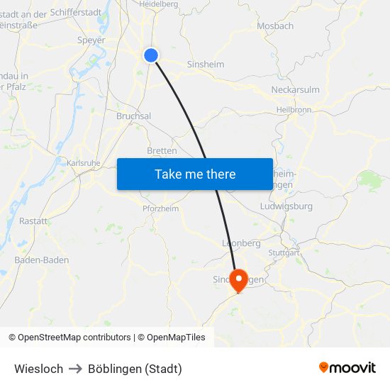 Wiesloch to Böblingen (Stadt) map